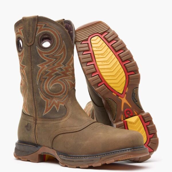 A 3/4 turned pair of Durango Maverick XP Waterproof Composite Toe Western Pull-On Work Boots with a look at the sole of the left boot.