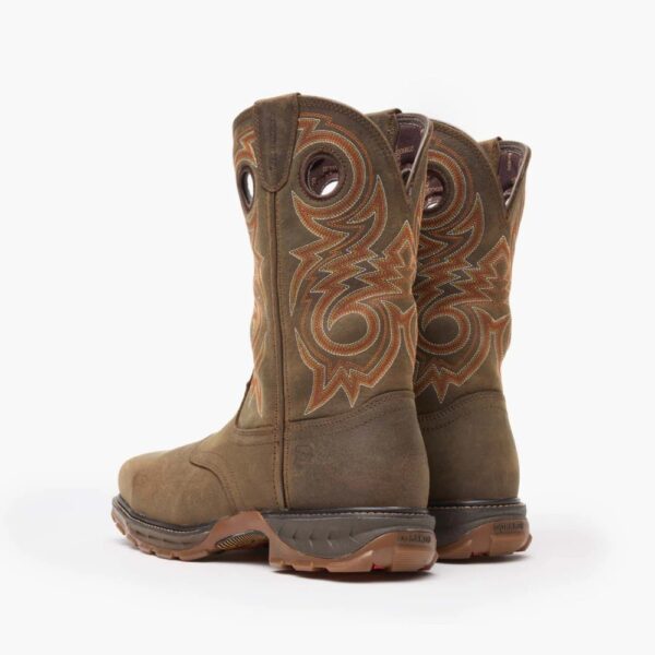 A look at the backs and heels of a pair of Durango Maverick XP Waterproof Composite Toe Western Pull-On Work Boots.