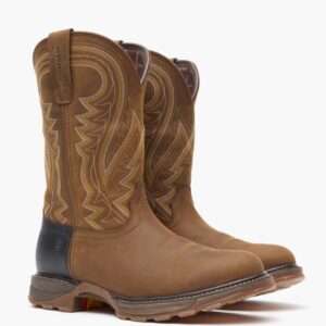 A 3/4 turned pair of Durango Maverick XP Waterproof Pull-On Work Boots.