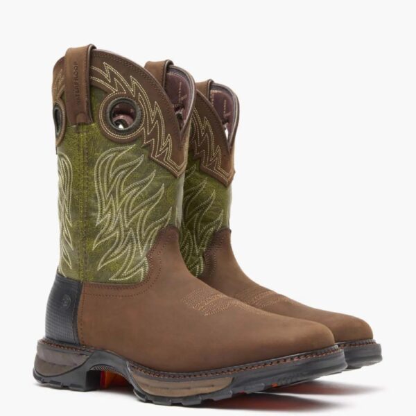 A 3/4 turned pair of Durango Maverick XP Waterproof Western Pull-On Work Boots.