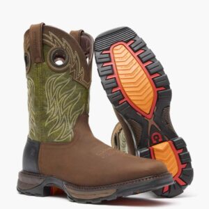 A 3/4 turned pair of Durango Maverick XP Waterproof Western Pull-On Work Boots with a look at the sole of the left boot.