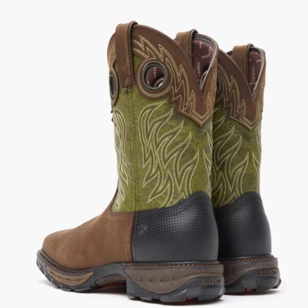 A look at the backs and heels of a pair of Durango Maverick XP Waterproof Western Pull-On Work Boots.