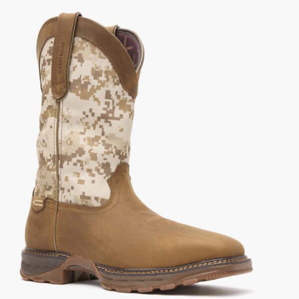 A 3/4 turned Durango Maverick XP Waterproof Western Steel Toe Pull-On Work Boot.