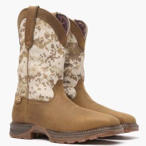 A 3/4 turned pair of Durango Maverick XP Waterproof Western Steel Toe Pull-On Work Boots.