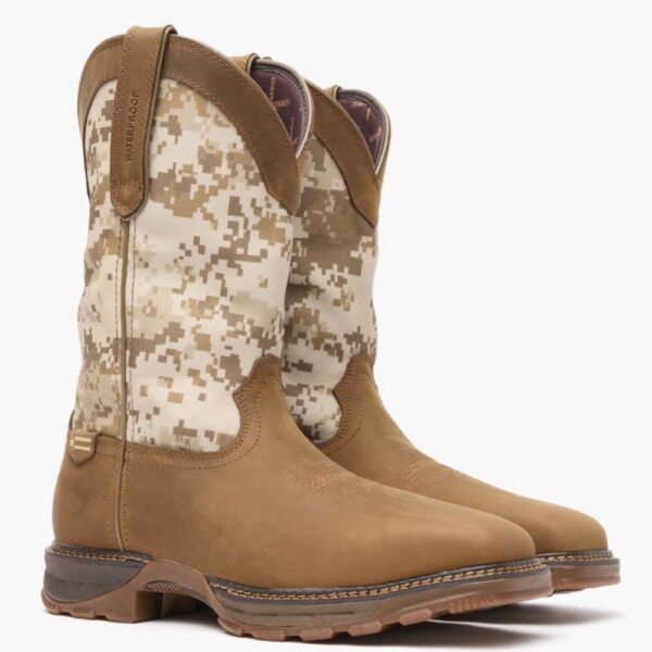 A 3/4 turned pair of Durango Maverick XP Waterproof Western Steel Toe Pull-On Work Boots.