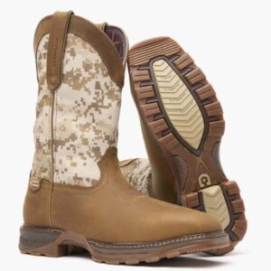 A 3/4 turned pair of Durango Maverick XP Waterproof Western Steel Toe Pull-On Work Boots.
