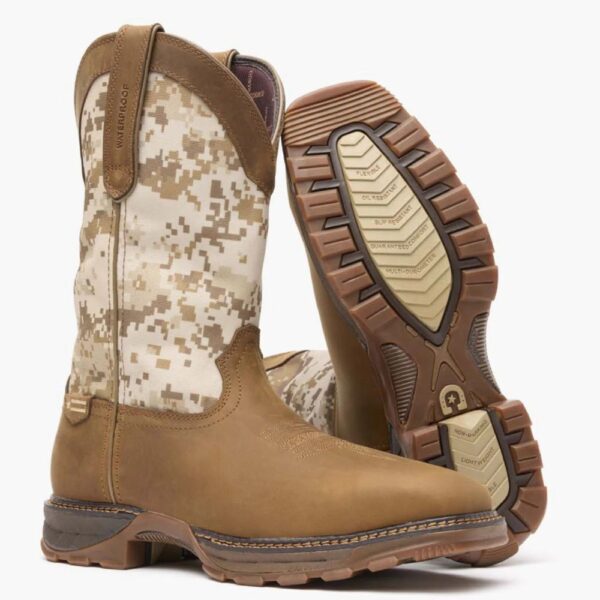 A 3/4 turned pair of Durango Maverick XP Waterproof Western Steel Toe Pull-On Work Boots.