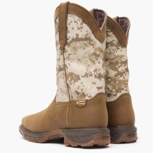 A look at the backs and heels of a pair of Durango Maverick XP Waterproof Western Steel Toe Pull-On Work Boots.