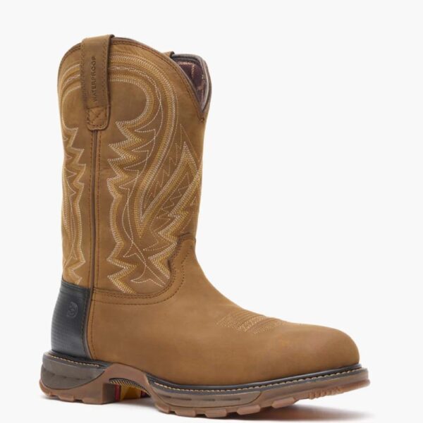A 3/4 turned Durango Maverick XP Waterproof Western Steel Toe Pull-On Work Boot.