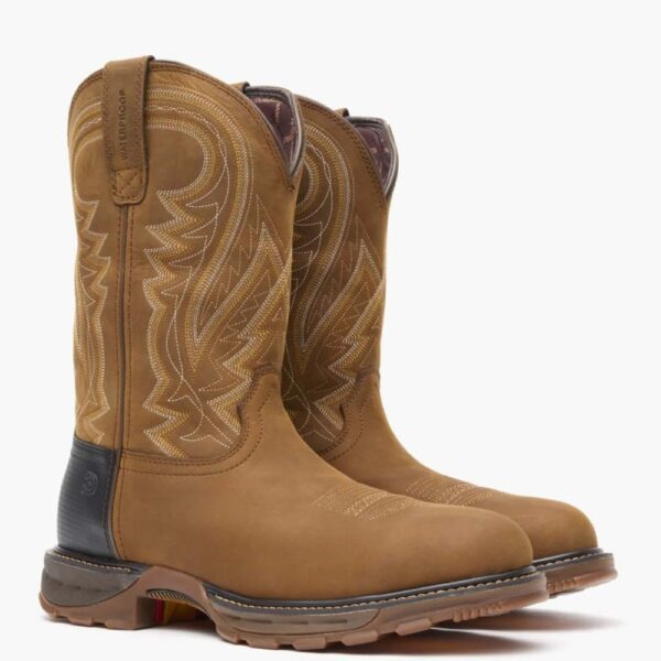 A 3/4 turned pair of Durango Maverick XP Waterproof Western Steel Toe Pull-On Work Boots.