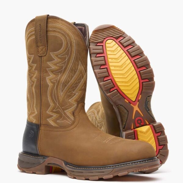 A 3/4 turned pair of Durango Maverick XP Waterproof Western Steel Toe Pull-On Work Boots.