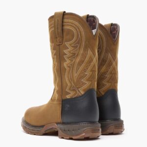 A look at the backs and heels of a pair of Durango Maverick XP Waterproof Western Steel Toe Pull-On Work Boots.