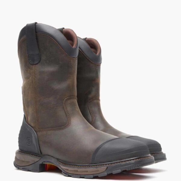 A 3/4 turned pair of Durango Maverick XP Waterproof Western Steel Toe Pull-On Work Boots.
