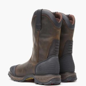 A look at the backs and heels of a pair of Durango Maverick XP Waterproof Western Steel Toe Pull-On Work Boots.