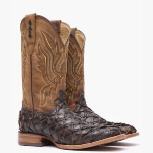 A 3/4 turned pair of Durango Premium Exotics Dark Brown Pirarucu Western Boots.