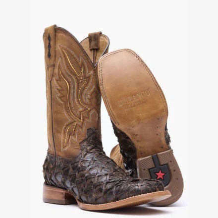 A 3/4 turned pair showing off the sole of a Durango Premium Exotics Dark Brown Pirarucu Western Boot.