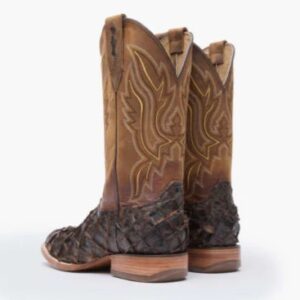 A look at the backs and heels of a pair of Durango Premium Exotics Dark Brown Pirarucu Western Boots.