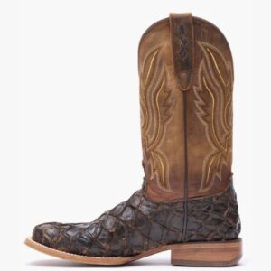 A left profile facing Durango Premium Exotics Dark Brown Pirarucu Western Boot.