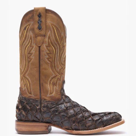 A right profile facing Durango Premium Exotics Dark Brown Pirarucu Western Boot.