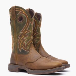 A 3/4 turned pair of Durango Rebel Dark Chestnut and Hunter Green Western Boots.