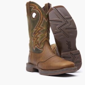 A 3/4 turned pair of Durango Rebel Dark Chestnut and Hunter Green Western Boots.