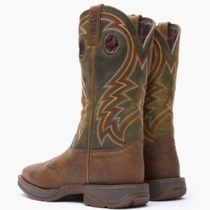 A look at the backs and heels of a pair of Durango Rebel Dark Chestnut and Hunter Green Western Boots.