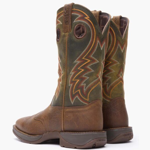 A look at the backs and heels of a pair of Durango Rebel Dark Chestnut and Hunter Green Western Boots.