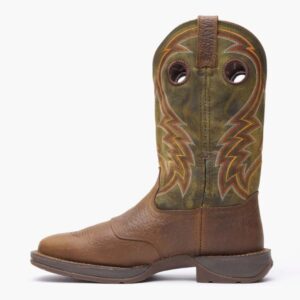 A left profile facing Durango Rebel Dark Chestnut and Hunter Green Western Boot.