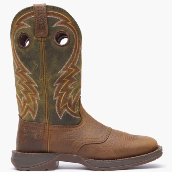 A right profile facing Durango Rebel Dark Chestnut and Hunter Green Western Boot.