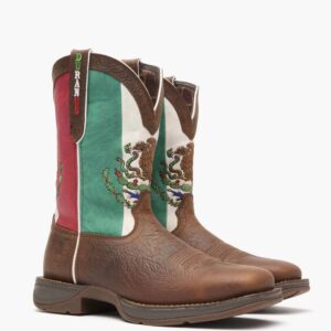 A 3/4 turned pair of Durango Rebel Mexico Flag Western Boots.