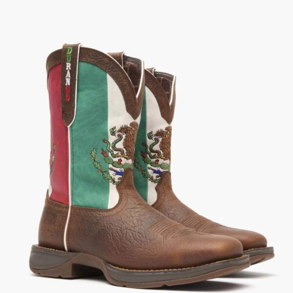 A 3/4 turned pair of Durango Rebel Mexico Flag Western Boots.