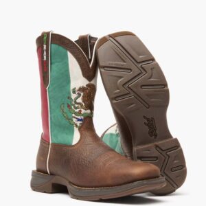 A 3/4 turned pair of Durango Rebel Mexico Flag Western Boots.