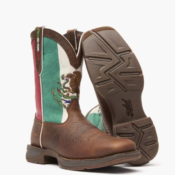 A 3/4 turned pair of Durango Rebel Mexico Flag Western Boots.