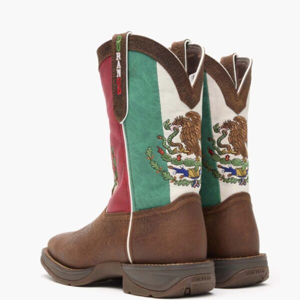 A look at the backs and heels of a pair of Durango Rebel Mexico Flag Western Boots.