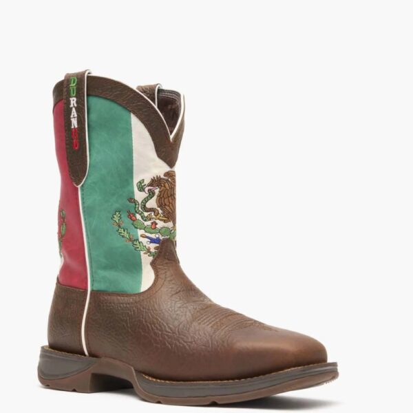 A 3/4 turned Durango Rebel Mexico Flag Western Steel Toe Pull-On Work Boot.