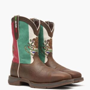 A 3/4 turned pair of Durango Rebel Mexico Flag Western Steel Toe Pull-On Work Boots.
