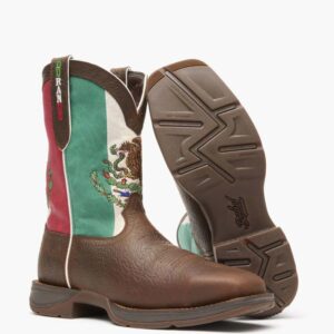 A 3/4 turned pair of Durango Rebel Mexico Flag Western Steel Toe Pull-On Work Boots.