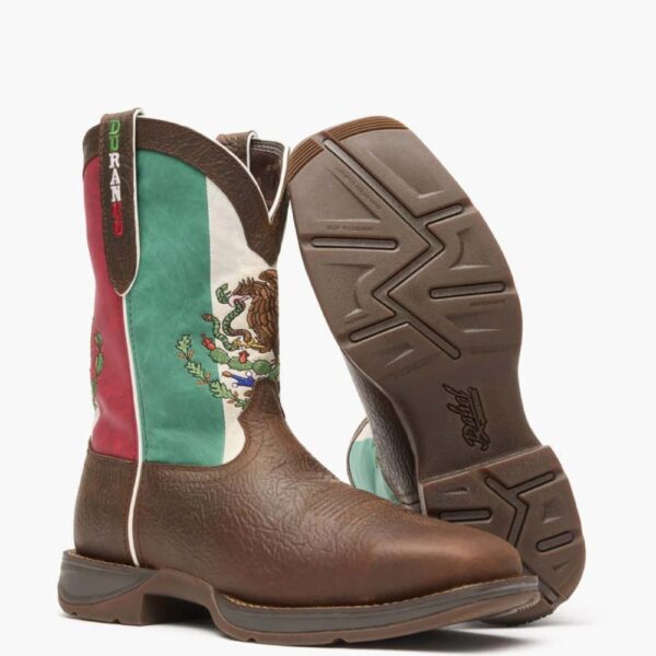 A 3/4 turned pair of Durango Rebel Mexico Flag Western Steel Toe Pull-On Work Boots.