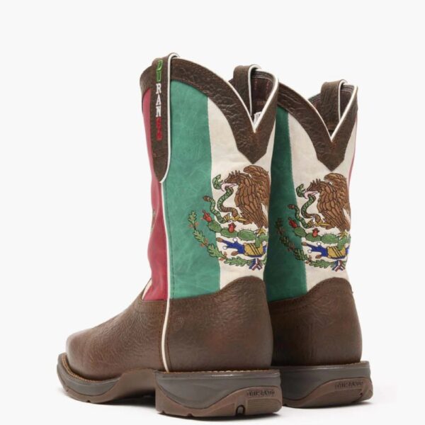 A look at the backs and heels of a pair of Durango Rebel Mexico Flag Western Steel Toe Pull-On Work Boots.