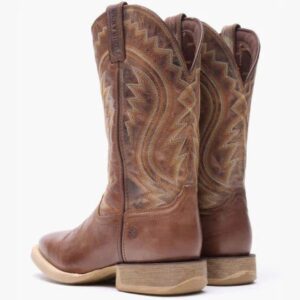 A look at the backs and heels of a pair of Durango Rebel Pro Burnished Tan Western Boots.