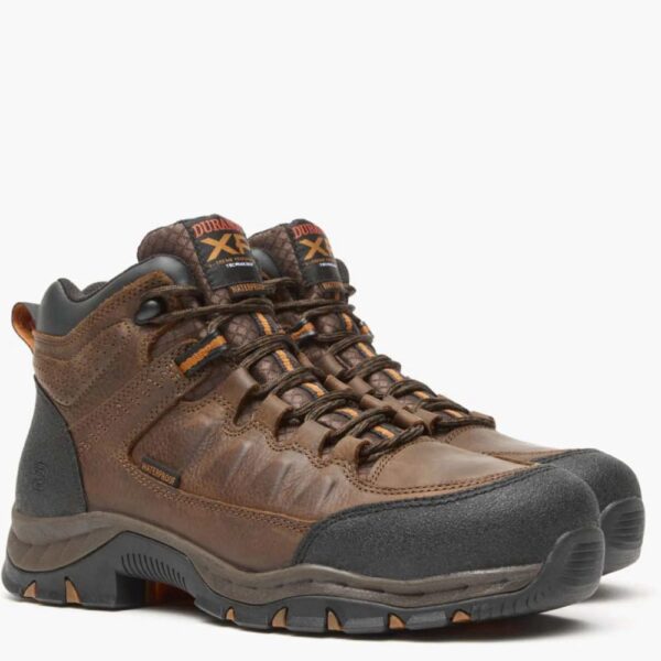 A 3/4 turned pair of Durango Renegade XP Waterproof Timber Brown Alloy Toe Hikers.