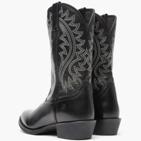 A look at the backs and heels of a pair of Durango Shyloh Black Western Boots.