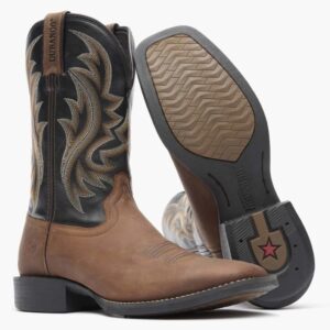 A 3/4 turned pair showing off the sole of a Durango Shyloh Brawny Brown and Black Onyx Western Boot.