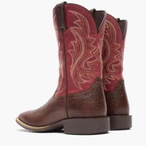 A look at the backs and heels of a pair of Durango Shyloh Mahogany and Dynamite Red Western Boots.
