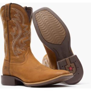 A 3/4 turned pair showing off the sole of a Durango Shyloh Saddle Brown Western Boot.