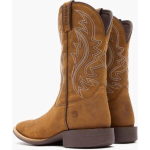 A look at the backs and heels of a pair of Durango Shyloh Saddle Brown Western Boots.