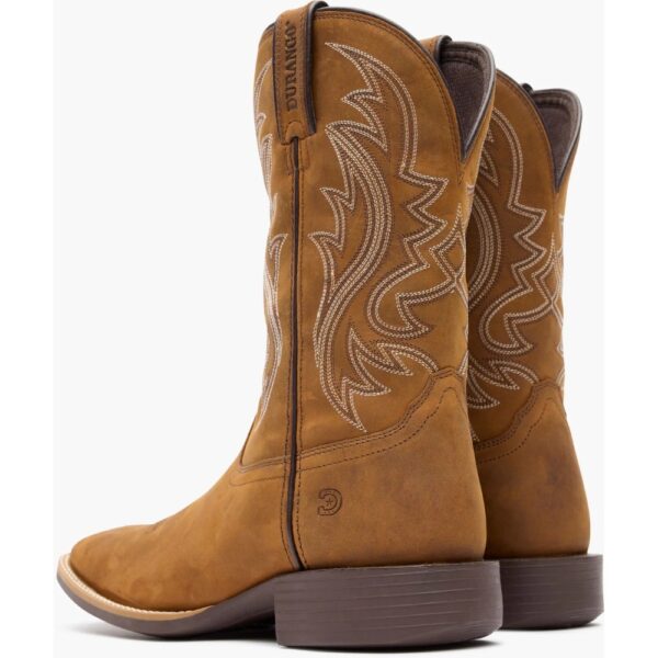 A look at the backs and heels of a pair of Durango Shyloh Saddle Brown Western Boots.