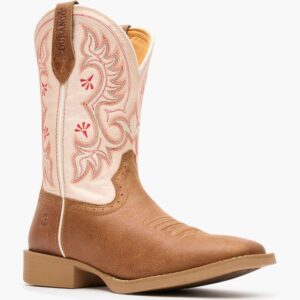 A 3/4 turned Durango Women's Shyloh Honey Tan and Metallic Peach Western Boot.
