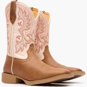 A 3/4 turned pair of Durango Women's Shyloh Honey Tan and Metallic Peach Western Boots.