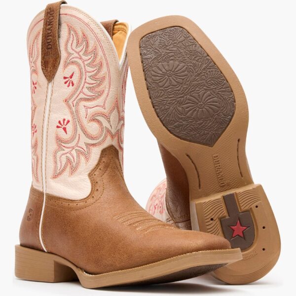 A 3/4 turned pair showing off the sole of a Durango Women's Shyloh Honey Tan and Metallic Peach Western Boot.